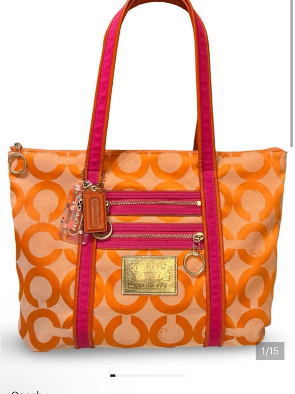 Coach POPPY Glam Orange Pink Gold Circle C Large Tote with Coach Confetti Charm